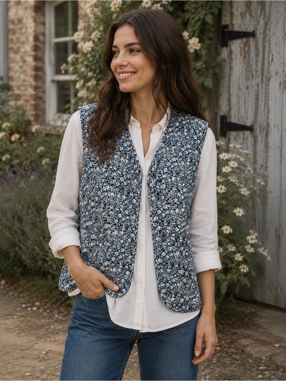 Garnet Hill Quilted Floral Vest Blue and White Button Front Size M